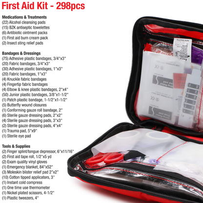 An open DMI 298-Piece Complete Emergency First Aid Kit shows assorted medical supplies in clear pouches, with a printed list of contents and quantities—such as medications, bandages, and tools—visible on the left side of the image.