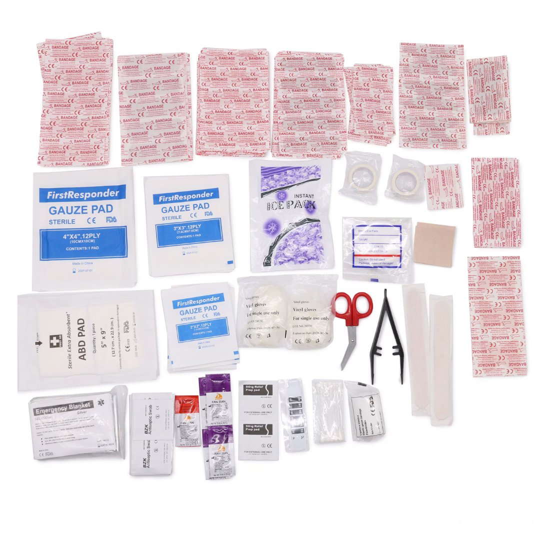 The DMI 298-Piece Complete Emergency First Aid Kit includes bandages, gauze pads, adhesive strips, tape, scissors, tweezers, ointments, and an instant ice pack arranged neatly on a white background.