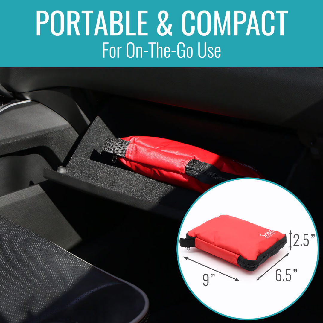 The DMI 298-Piece Complete Emergency First Aid Kit is a compact red pouch (9" x 6.5" x 2.5") that fits in a car glove compartment. Inset shows its dimensions with text above: Portable & Compact For On-The-Go Use.