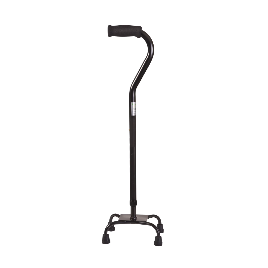 The DMI Adjustable Quad Cane, featuring a black finish, curved handle, and stable four-footed base, stands upright on a white background.
