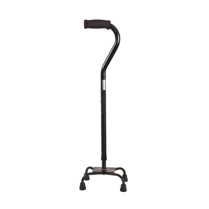 The DMI Adjustable Quad Cane, featuring a black finish, curved handle, and stable four-footed base, stands upright on a white background.