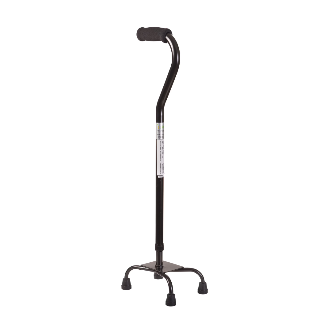 The DMI Adjustable Quad Cane is a black cane with a foam handle and an adjustable four-footed base, providing added stability to assist with walking.