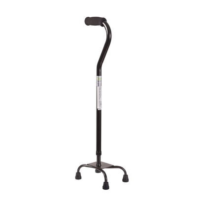 The DMI Adjustable Quad Cane is a black cane with a foam handle and an adjustable four-footed base, providing added stability to assist with walking.