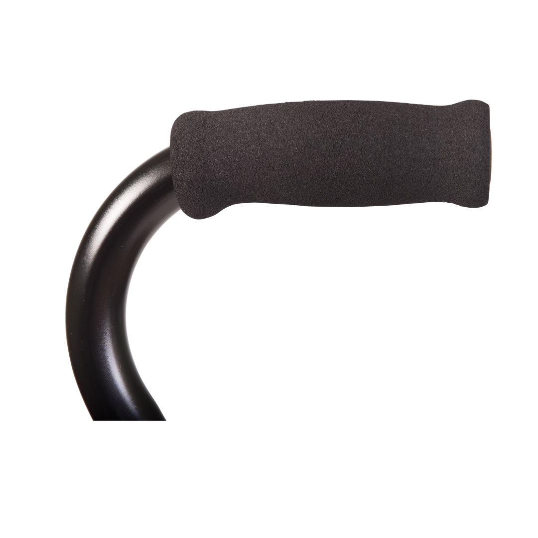 Close-up of the DMI Adjustable Quad Cane's black curved handle with soft foam grip and sturdy four-footed base, isolated on white background.