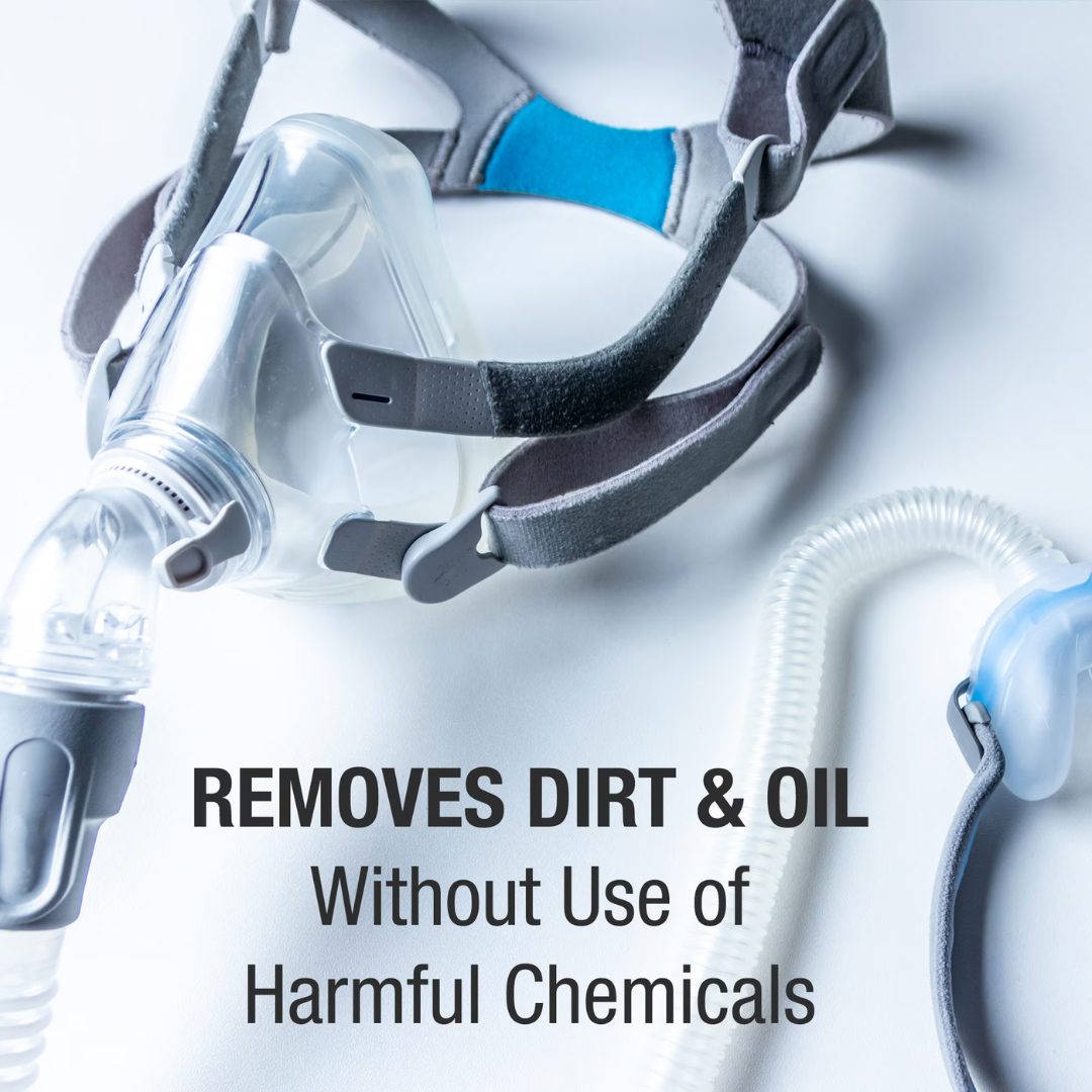 The DMI CPAP Mask Wipes - XL Hypoallergenic & Unscented and headgear are shown on a white surface. Text: REMOVES DIRT & OIL Without Harmful Chemicals, for safe, effective CPAP cleaning.