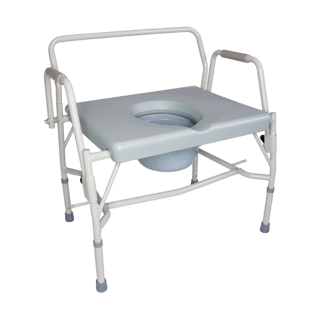 The DMI Drop Arm Portable Bariatric Toilet Commode features a metal frame, extra-wide seat, armrests, backrest, removable bucket, and non-slip rubber-tipped legs for stability.