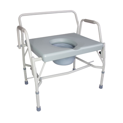 The DMI Drop Arm Portable Bariatric Toilet Commode features a metal frame, extra-wide seat, armrests, backrest, removable bucket, and non-slip rubber-tipped legs for stability.