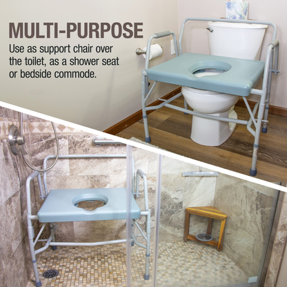The DMI Drop Arm Portable Bariatric Toilet Commode with Extra-Wide Seat is shown being used over a toilet and in a shower. Text states it functions as a support chair, shower seat, or portable commode.
