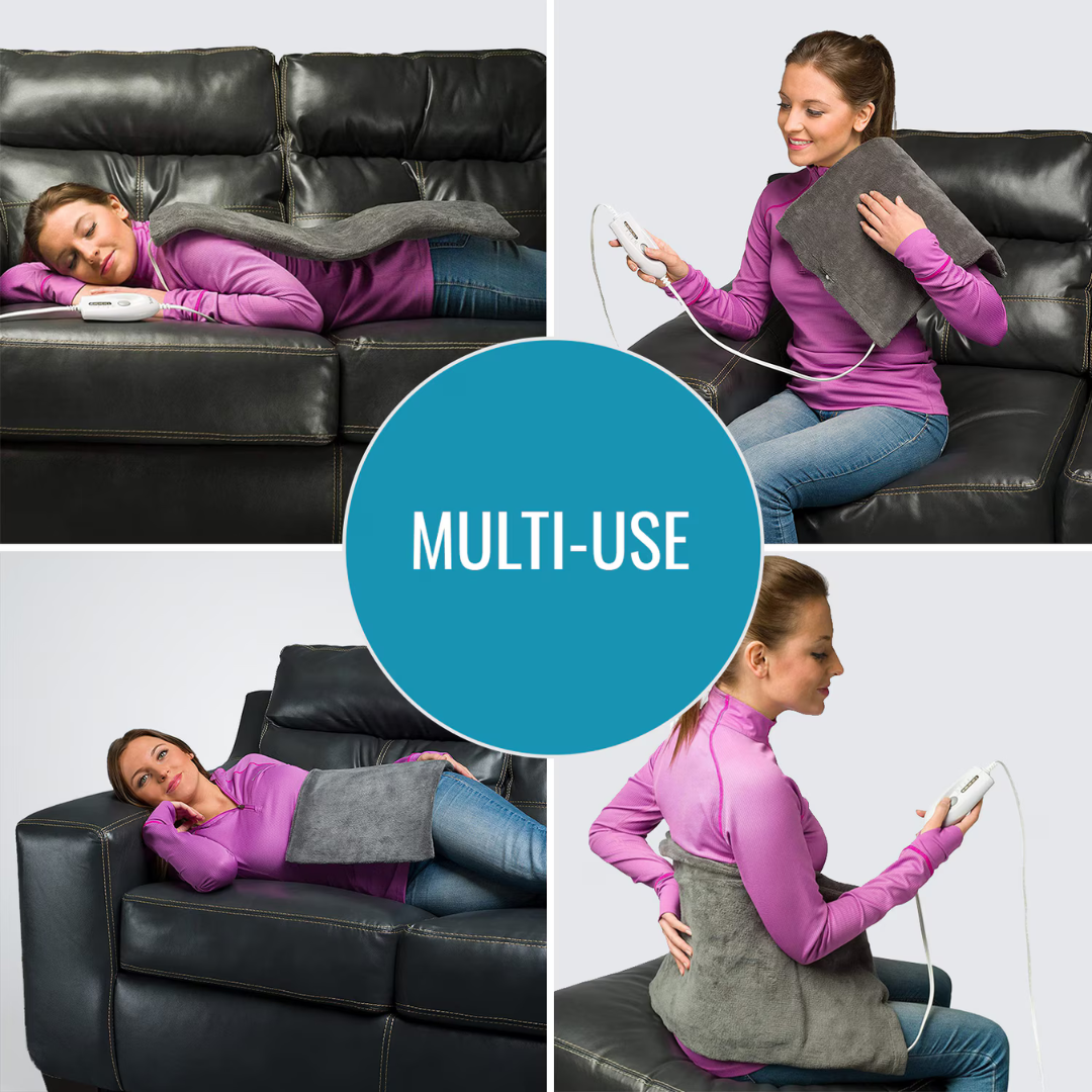 A woman uses the DMI Dry and Moist Heat Electric Heating Pad on her back, shoulders, abdomen, and lap in different poses for pain relief. Center text: “MULTI-USE.” She demonstrates therapy while seated on a sofa and chair.