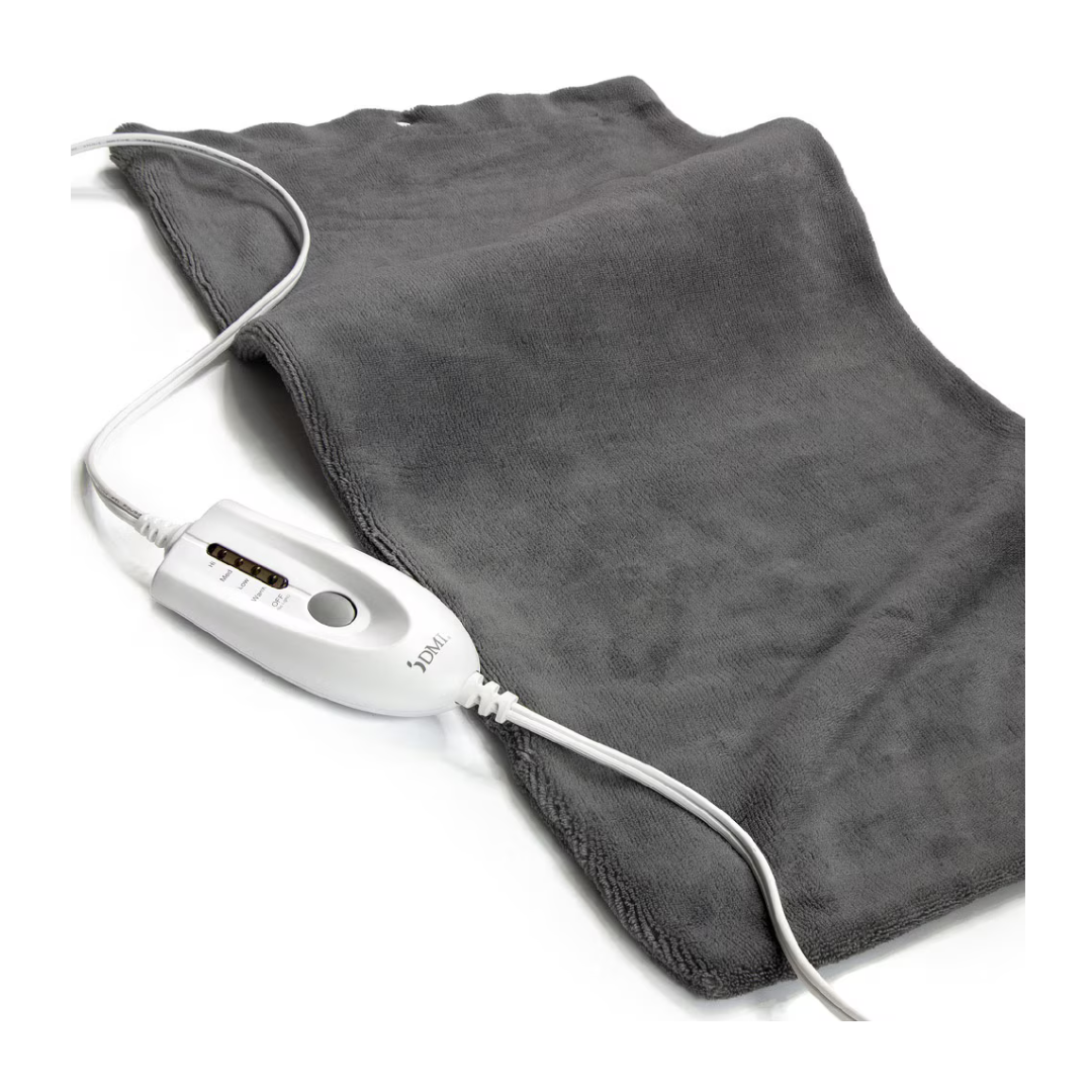 The DMI Dry and Moist Heat Electric Heating Pad is a soft gray pad with a white cord and adjustable control switch for customizable pain relief, shown on a white background.