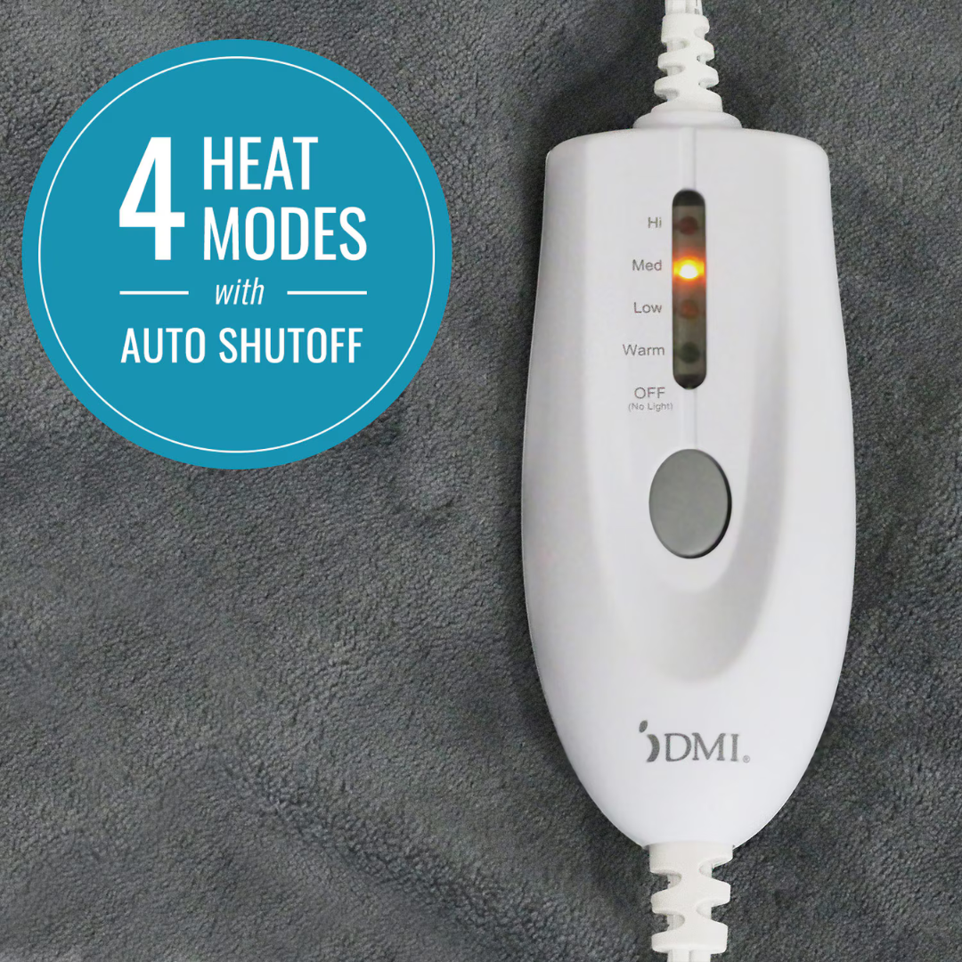 The DMI Dry and Moist Heat Electric Heating Pad controller features 4 heat settings (Hi, Med, Low, Warm) with orange indicator lights and Auto Shutoff for pain relief and comfort, shown on a gray fabric surface.