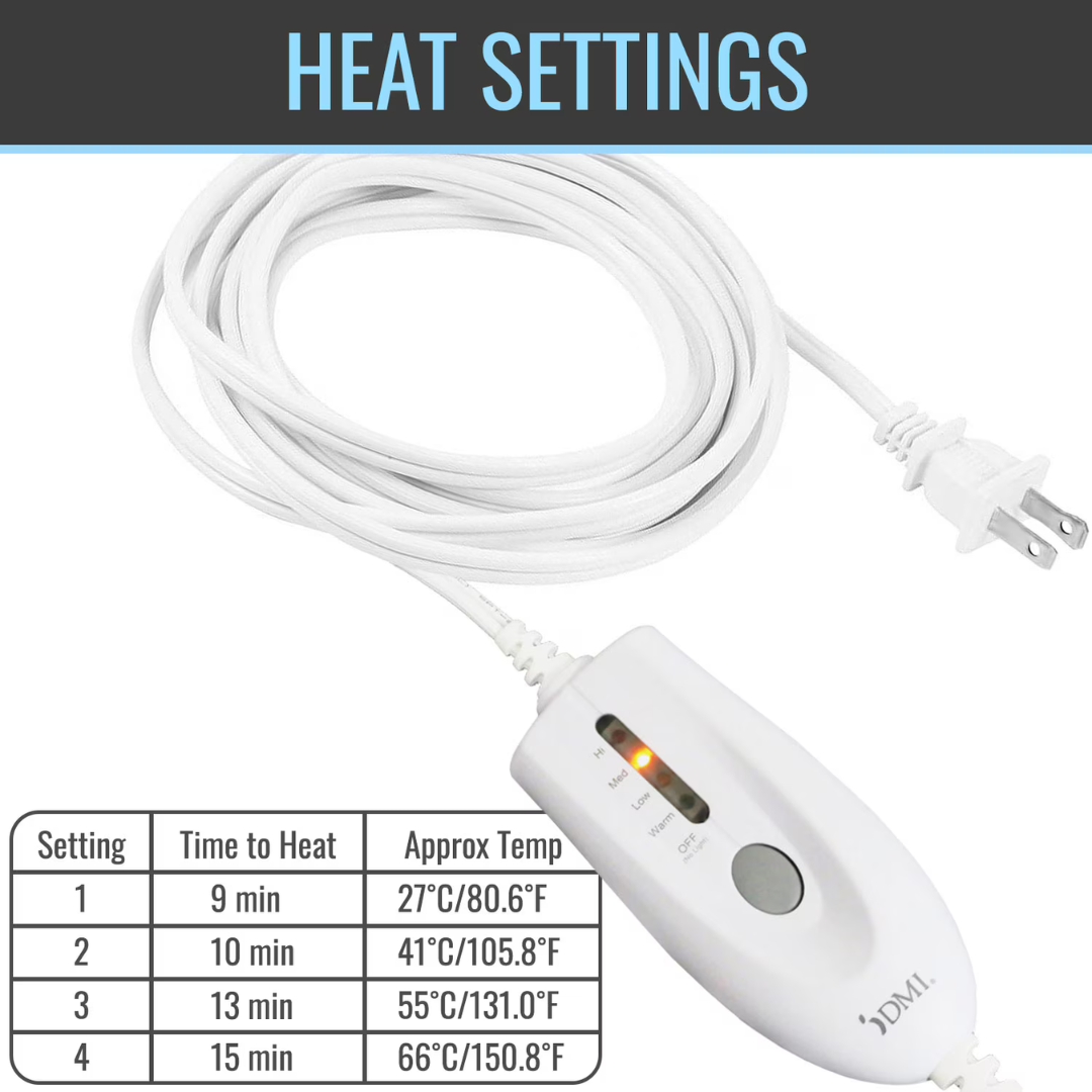 The DMI Dry and Moist Heat Electric Heating Pad’s white controller with power cord and plug is shown. A chart labeled “HEAT SETTINGS” displays four heat settings, each with times and temperatures for pain relief.