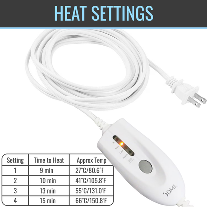 The DMI Dry and Moist Heat Electric Heating Pad’s white controller with power cord and plug is shown. A chart labeled “HEAT SETTINGS” displays four heat settings, each with times and temperatures for pain relief.