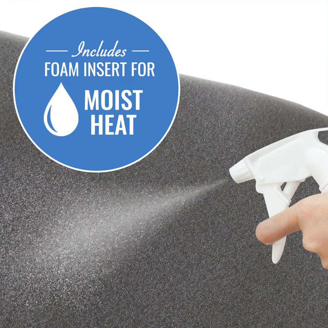 A hand sprays water on a dark foam surface to prep the DMI Dry and Moist Heat Electric Heating Pad. A blue circle with a water droplet icon says, "Includes foam insert for moist heat therapy.