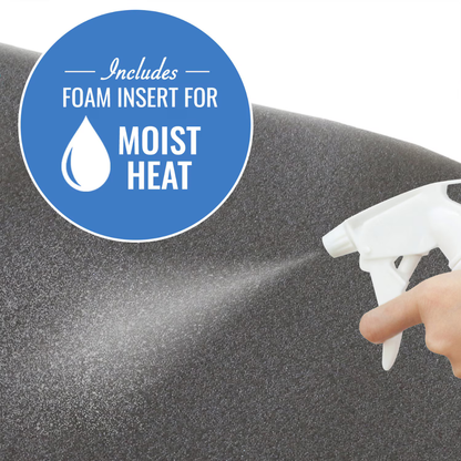 A hand sprays water on a dark foam surface to prep the DMI Dry and Moist Heat Electric Heating Pad. A blue circle with a water droplet icon says, "Includes foam insert for moist heat therapy.
