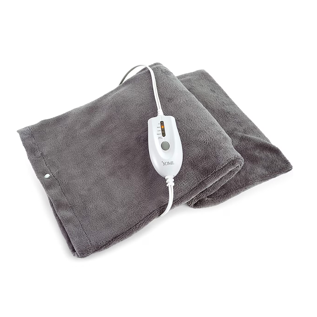 The DMI Dry and Moist Heat Electric Heating Pad, shown folded in gray with a white wired controller featuring buttons and an indicator light, is perfect for pain relief and soothing comfort.