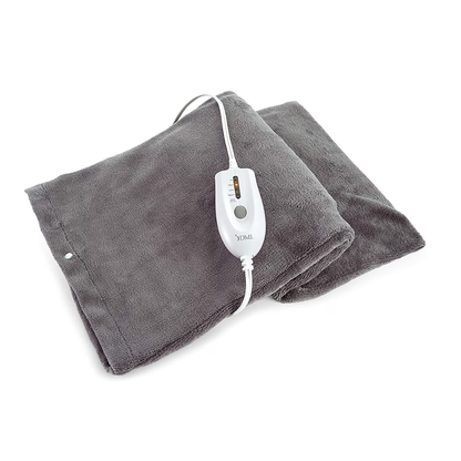 The DMI Dry and Moist Heat Electric Heating Pad, shown folded in gray with a white wired controller featuring buttons and an indicator light, is perfect for pain relief and soothing comfort.