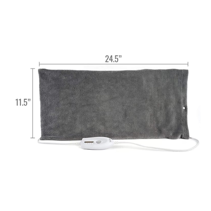 The DMI Dry and Moist Heat Electric Heating Pad is a rectangular gray pad (24.5" x 11.5") with a white wired controller, ideal for pain relief and relaxing moist or dry heat therapy sessions.