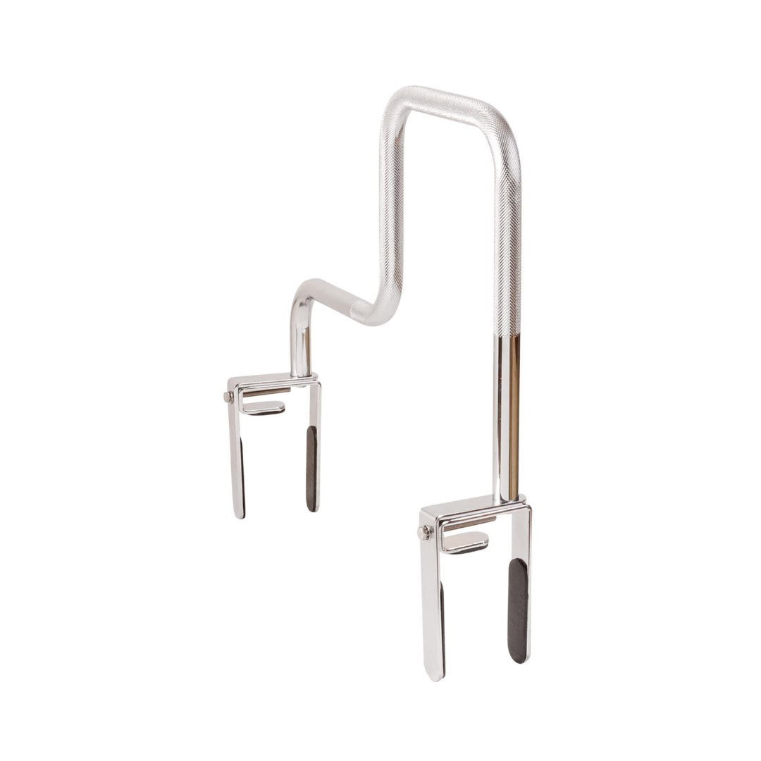 The DMI® Heavy-Duty Safety Tub Bath and Shower Grab Bar features a curved, textured handle and two adjustable padded clamps for secure tub attachment—ideal for enhancing bathroom safety.