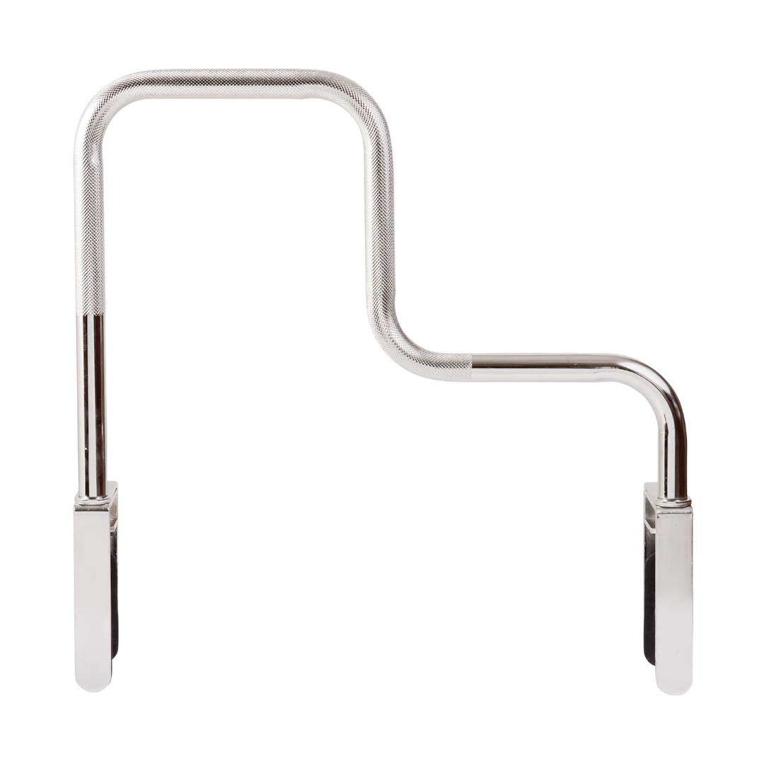 The DMI® Heavy-Duty Safety Tub Bath and Shower Grab Bar features a chrome finish, textured grip, and L-shaped design to assist individuals with safe entry and exit from the bath or shower for enhanced bathroom safety.