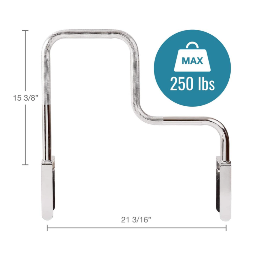 The DMI® Heavy-Duty Safety Tub Bath and Shower Grab Bar features a textured chrome grip for bathroom safety, measures 15 3/8" high by 21 3/16" wide, and supports up to 250 lbs—ideal as a grab bar for tubs and showers.