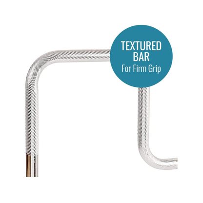 Close-up of a DMI® Heavy-Duty Safety Tub Bath and Shower Grab Bar with metallic texture, featuring a blue circular label reading "TEXTURED BAR For Firm Grip" near the top right—perfect for boosting bathroom safety.