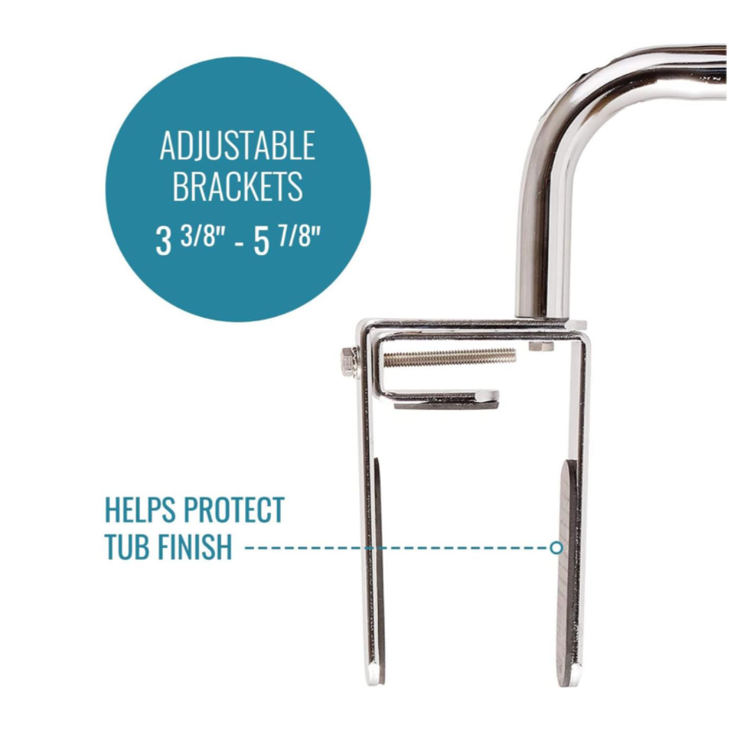 The DMI® Heavy-Duty Safety Tub Bath and Shower Grab Bar includes a chrome adjustable bracket (fits 3 3/8"–5 7/8") that protects your tub's finish—ideal for bathroom safety and extra support during use.