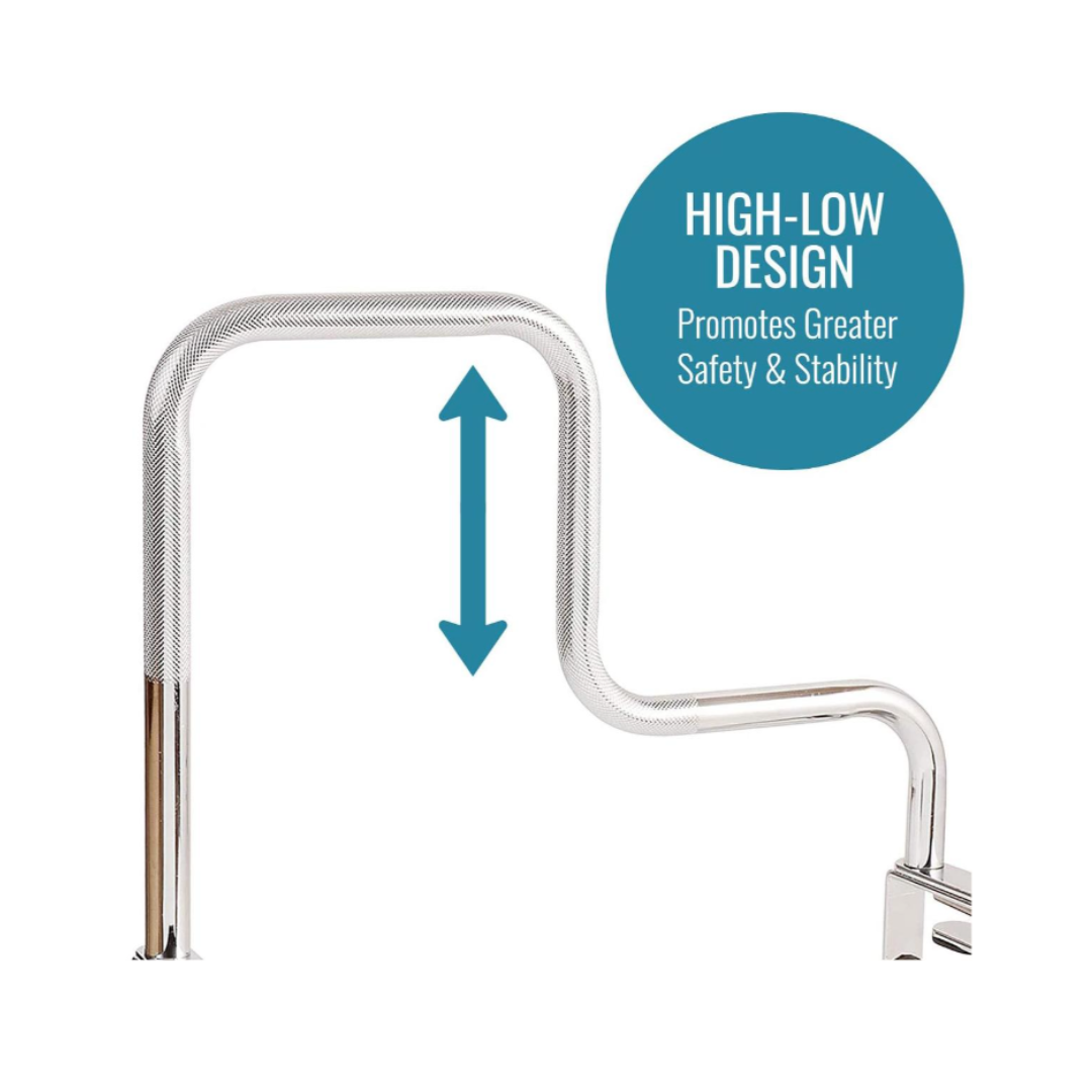 A close-up of the DMI® Heavy-Duty Safety Tub Bath and Shower Grab Bar shows its high-low design, up-and-down arrow, and a blue circle stating: "High-Low Design Promotes Greater Bathroom Safety & Stability.