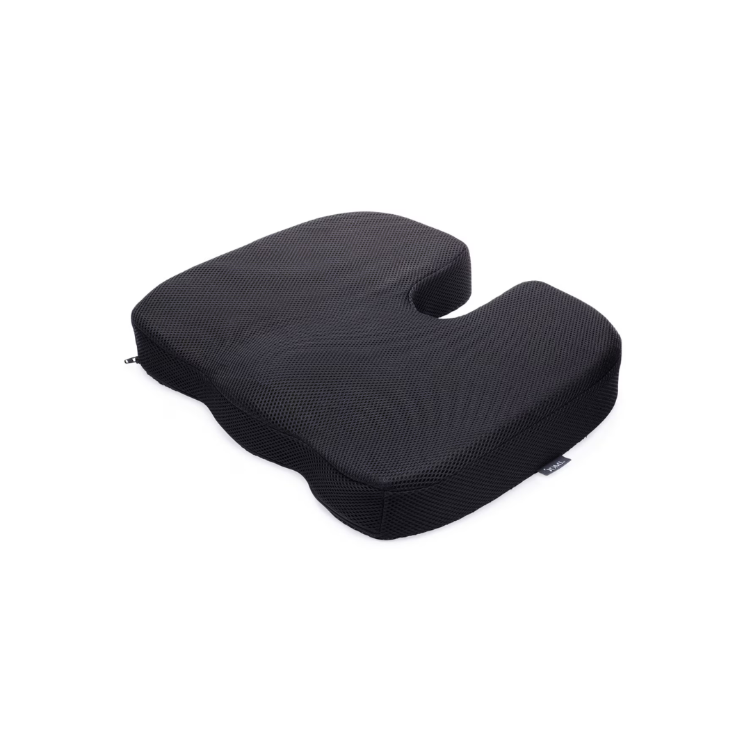 The DMI Premium Coccyx Seat Cushion is black and ergonomic with a U-shaped cutout, designed for posture support and effective tailbone pain relief while sitting.