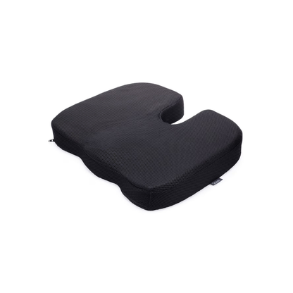The DMI Premium Coccyx Seat Cushion is black and ergonomic with a U-shaped cutout, designed for posture support and effective tailbone pain relief while sitting.