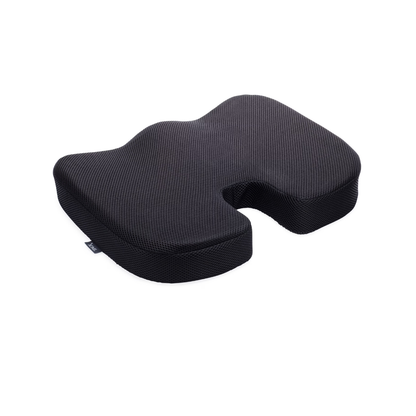 The DMI Premium Coccyx Seat Cushion is a black ergonomic cushion with a u-shaped cutout, designed to offer comfort, support, and effective relief from tailbone pain.