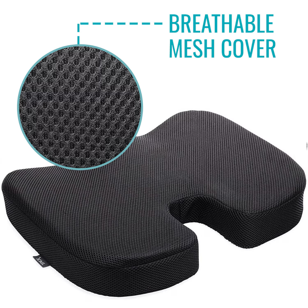 DMI Premium Coccyx Seat Cushion with a U-shaped cutout, ideal for tailbone pain relief, includes a close-up inset of its breathable mesh fabric. Blue text reads: BREATHABLE MESH COVER.