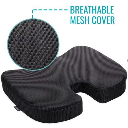 DMI Premium Coccyx Seat Cushion with a U-shaped cutout, ideal for tailbone pain relief, includes a close-up inset of its breathable mesh fabric. Blue text reads: BREATHABLE MESH COVER.