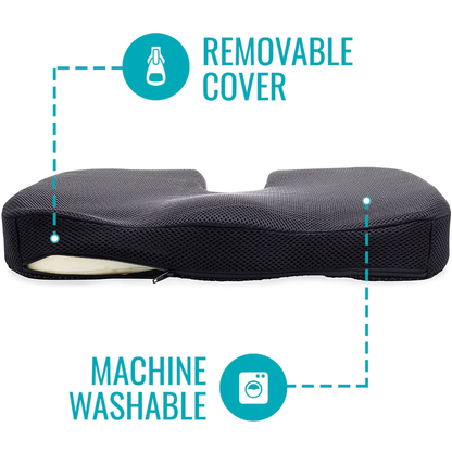 The DMI Premium Coccyx Seat Cushion is a black ergonomic cushion with a cutout, shown side view. Text with icons highlights its removable, machine-washable cover—ideal for tailbone pain and sciatica relief. A partially open zipper is visible.
