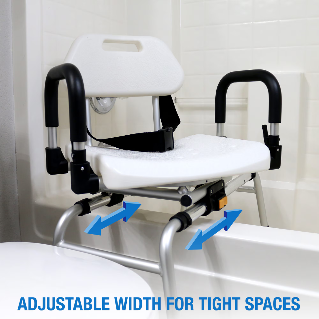 The DMI Rotating Sliding Tub Transfer Bench, featuring black armrests and an adjustable width, sits over a bathtub. Blue arrows highlight its space-saving design and visible adjustment mechanism, making it ideal bath safety equipment.