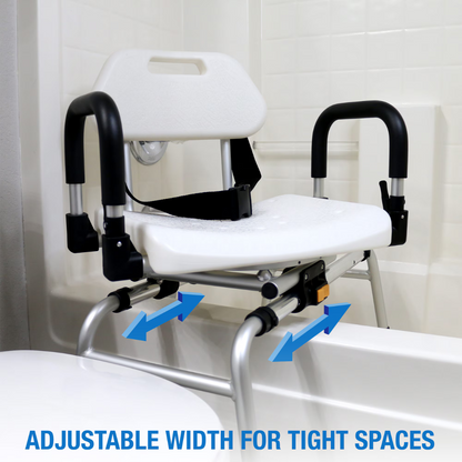 The DMI Rotating Sliding Tub Transfer Bench, featuring black armrests and an adjustable width, sits over a bathtub. Blue arrows highlight its space-saving design and visible adjustment mechanism, making it ideal bath safety equipment.