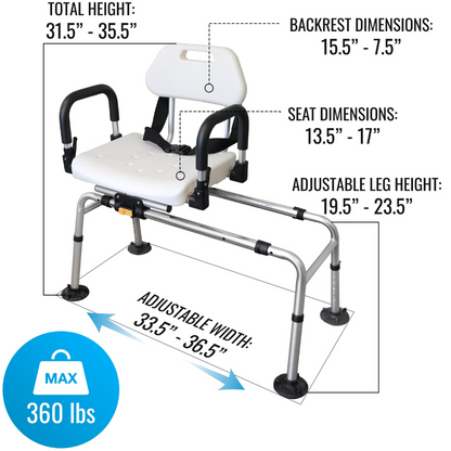 The DMI Rotating Sliding Tub Transfer Bench features armrests, a backrest, and adjustable seat height and width for bath safety. Dimensions are labeled, and it supports up to 360 lbs.