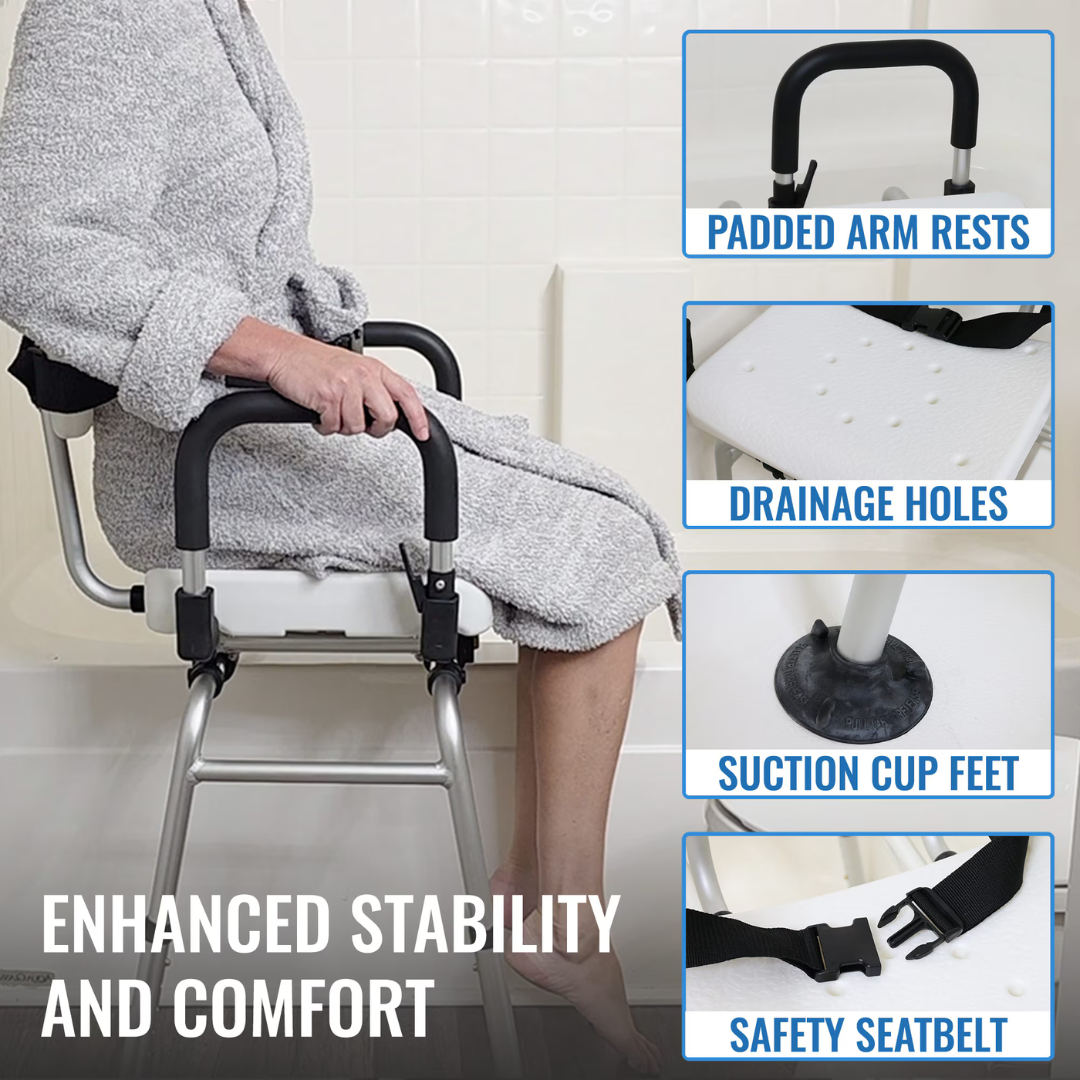 A person in a bathrobe sits on the DMI Rotating Sliding Tub Transfer Bench, featuring padded armrests, drainage holes, suction cup feet, and a safety seatbelt for enhanced bath safety, stability, and comfort.