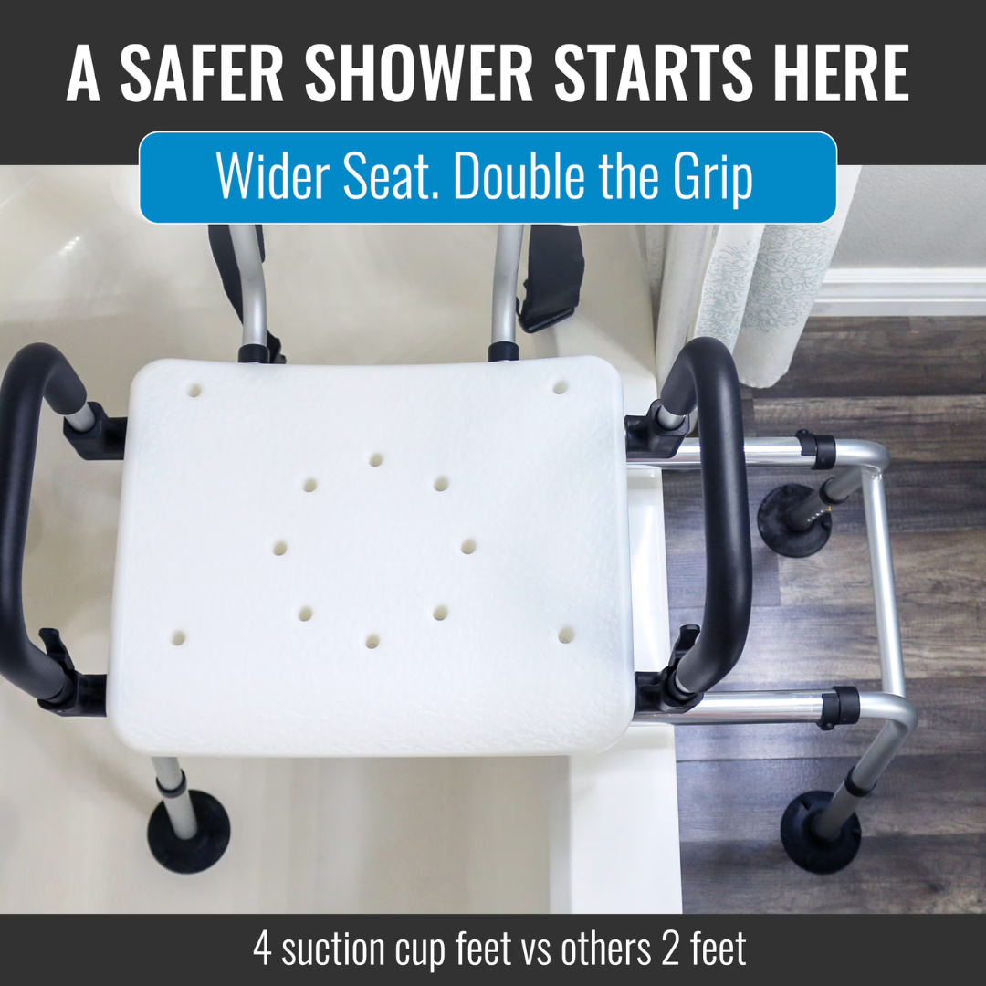 The DMI Rotating Sliding Tub Transfer Bench features a wide, perforated white seat, black armrests, and four sturdy suction cup feet—essential bath safety equipment for secure double grip and stability over the bathtub.