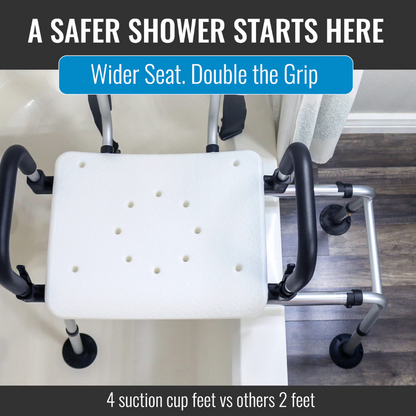 The DMI Rotating Sliding Tub Transfer Bench features a wide, perforated white seat, black armrests, and four sturdy suction cup feet—essential bath safety equipment for secure double grip and stability over the bathtub.