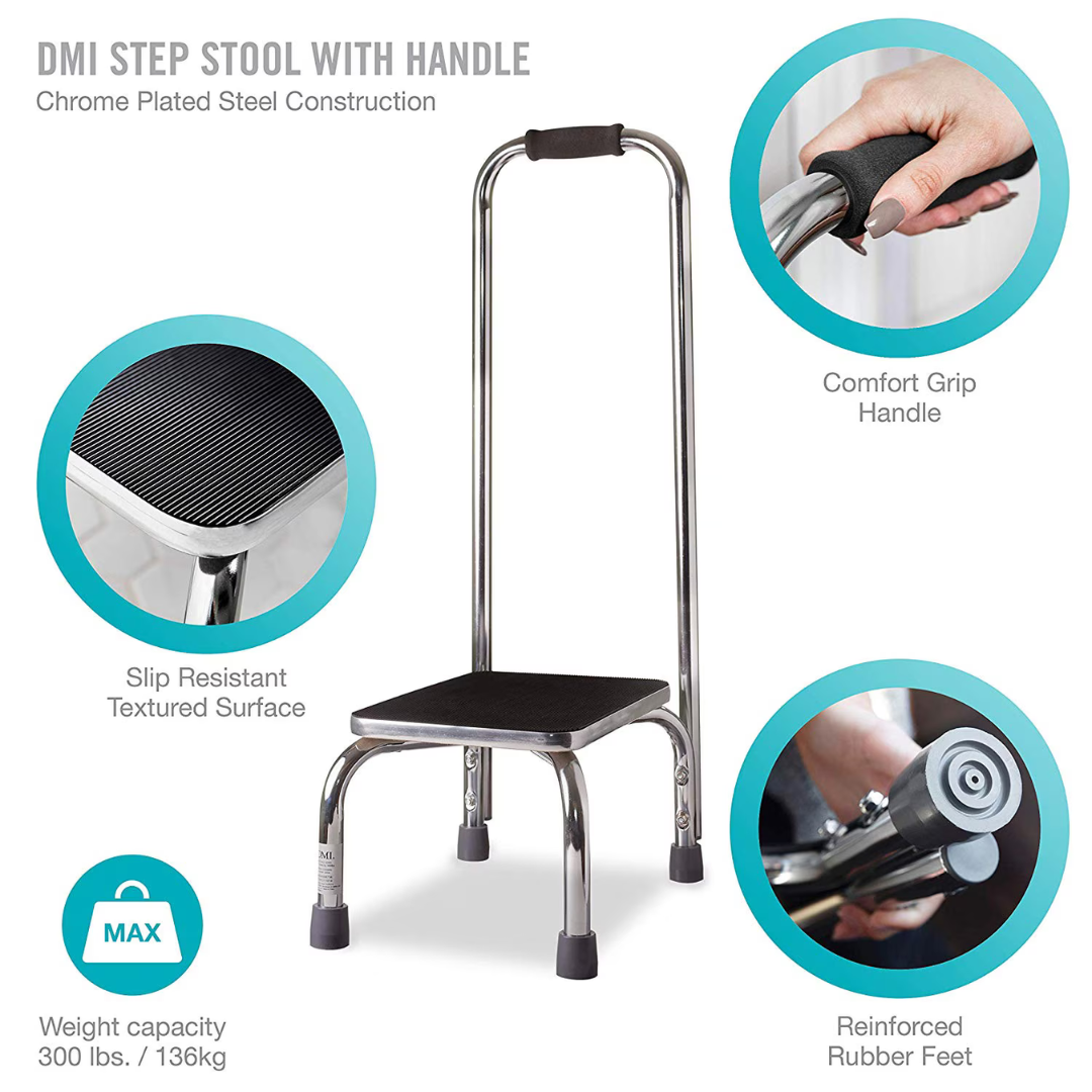 The DMI Step Stool and Non Skid Rubber Platform features a tall handrail for support, slip-resistant black surface, comfort grip handle, reinforced rubber feet, and a 300 lb capacity. Insets show the non-slip platform, grip handle, and sturdy feet.