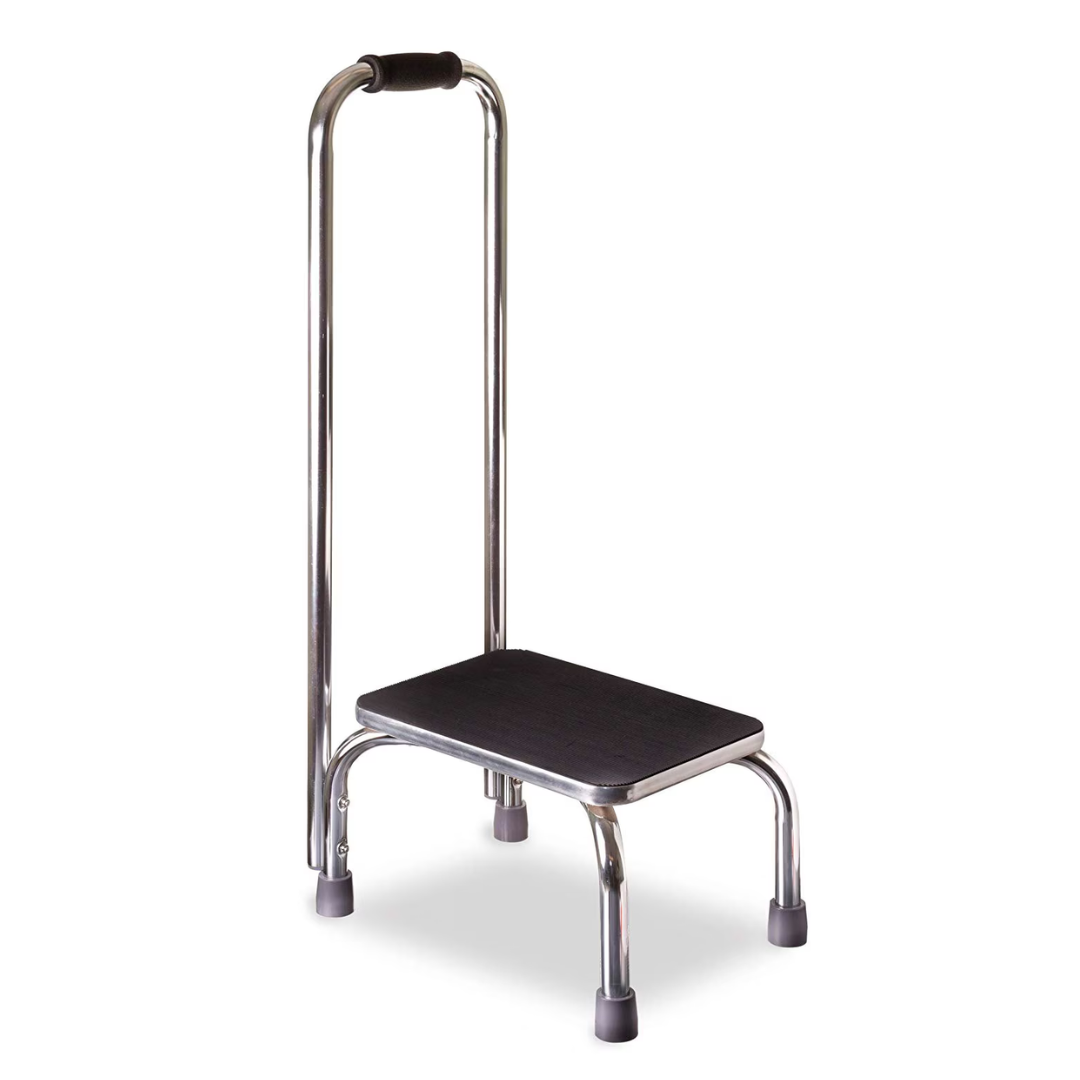 The DMI Step Stool and Non Skid Rubber Platform has four rubber-capped legs, a black non-slip platform, and a tall curved handrail for enhanced mobility assistance and support.