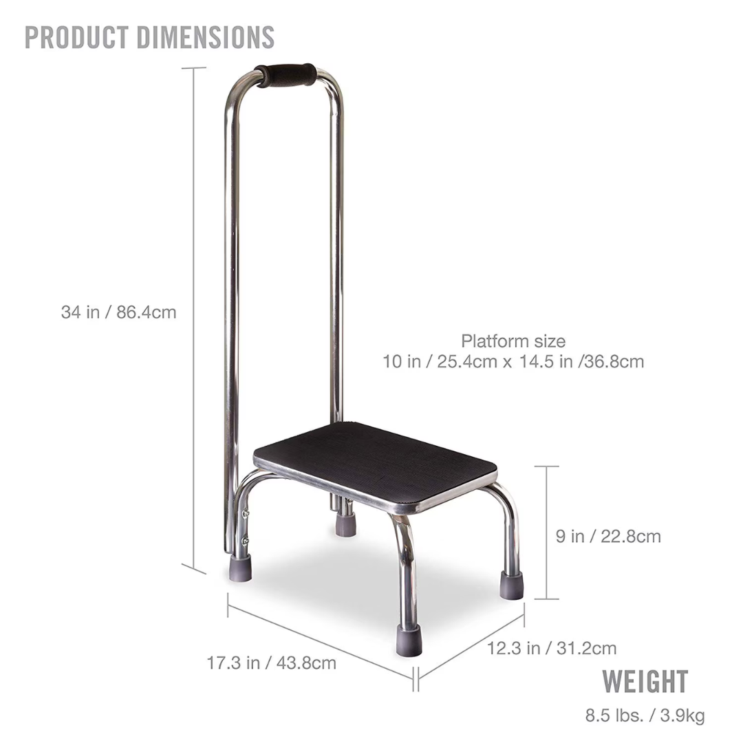 The DMI Step Stool and Non Skid Rubber Platform features a metal frame, non-slip platform, tall handlebar for mobility support, and four rubber-tipped legs; dimensions and weight are labeled in inches, centimeters, and pounds.