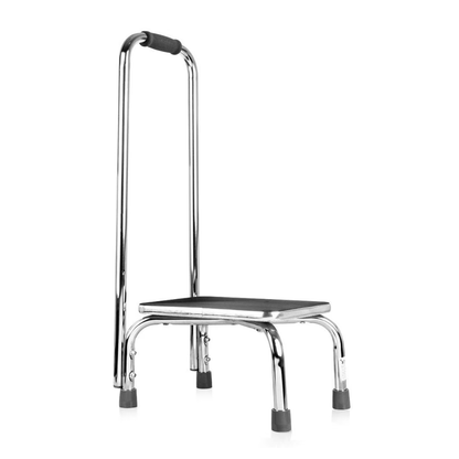 The DMI Step Stool and Non Skid Rubber Platform features four legs with rubber feet, a non-slip surface, and a tall handlebar with a padded grip for stable and reliable mobility assistance.