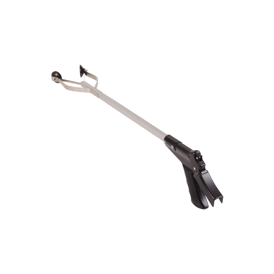 The DMI Suction Cup Reachers feature a black handle and trigger with a claw-like gripping mechanism for picking up objects. This daily living aid offers extra-long reach assistance and is shown angled diagonally against a white background.