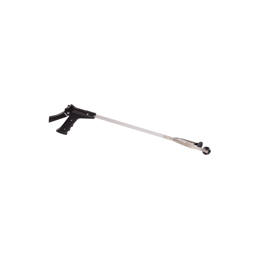 The DMI Suction Cup Reachers feature a black handle and trigger, an extended silver shaft, and suction cup tips for an extra-long reach, making them a convenient daily living aid for easily picking up objects.