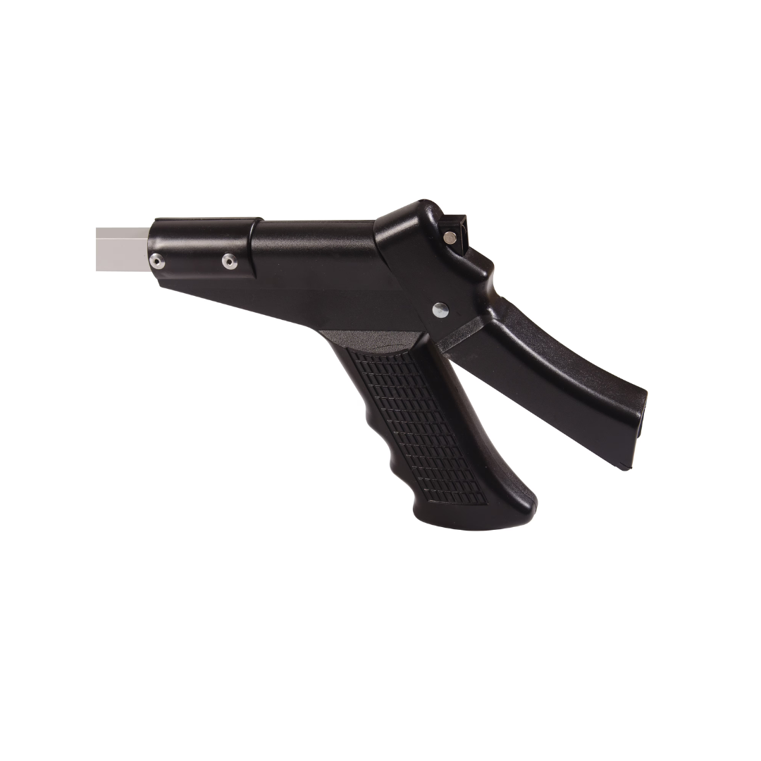 The DMI Suction Cup Reachers, shown against a white background, is a black handheld tool with a pistol grip and trigger. Resembling a reacher grabber, it serves as an essential daily living aid.