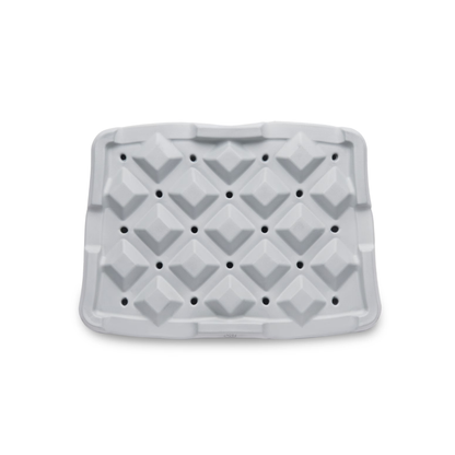The DMI Waterproof Foam Bath Seat Cushion, shown from above on a white background, features a gray rectangular design with a geometric diamond pattern and small holes in each diamond for comfort and drainage.