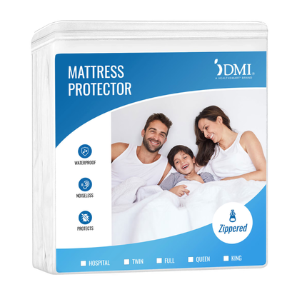 The DMI Waterproof Mattress Protector retail package displays a smiling family in bed and highlights features like deep pocket corners, zippered design, noiseless, and fits sizes from hospital to king.