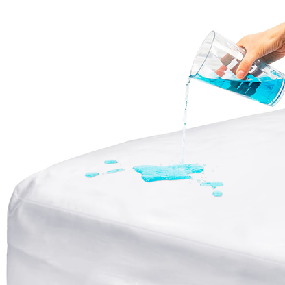 A hand pours blue liquid onto a white mattress, demonstrating the DMI Waterproof Mattress Protector’s liquid-resistant surface and effective spill protection.